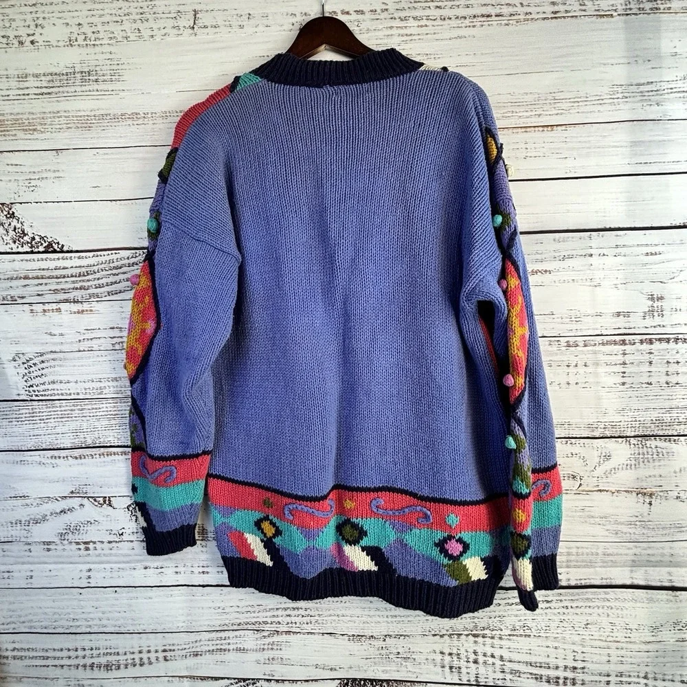 Vintage 80s Cardigan Bright 3D Colorful L Cotton/Ramie Floral Argyle Dopamine
